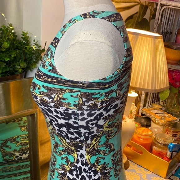 π· Buffalo David Bitton π· Y2K Sleeveless Green Gold Chain Geometric Pattern Dress - Picture 5 of 15